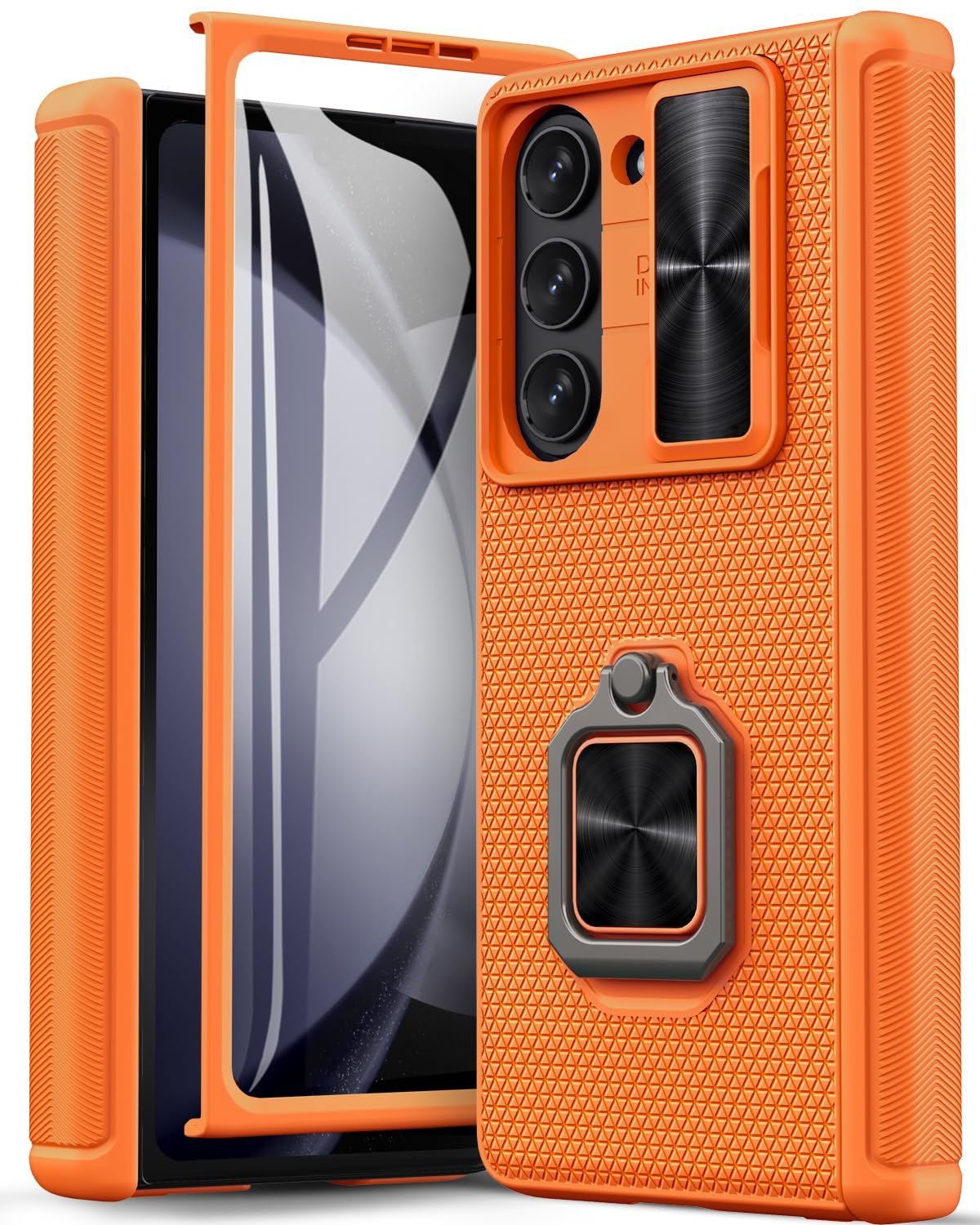 BXYJY for Samsung Galaxy Z Fold 5 Case with Slide Lens Cover & Built-in Ring Kickstand & Screen Protector & Hinge Protection, 360° Full Body Rugged Phone Cover for Samsung Z Fold 5 5g 2023, Orange