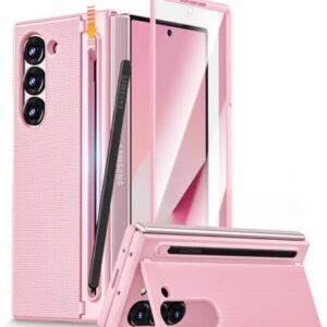 Caka for Galaxy Z Fold 6 Case with S Pen Holder Slot Hidden Kickstand Front Screen Protector Wireless Charging Slim Phone Case for Samsung Galaxy Z Fold 6, Pink