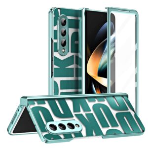Case for Samsung Galaxy Z Fold 4 5G, Fashion Pattern Hinge Protection Clear PC Cover with Screen Protector, Full Protection (Green)