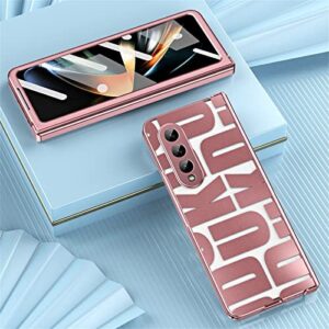 Case for Samsung Galaxy Z Fold 4 5G, Fashion Pattern Hinge Protection Clear PC Cover with Screen Protector, Full Protection (Rose Gold)