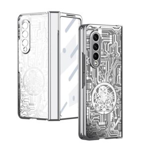 Case for Samsung Galaxy Z Fold 4 5G, Mechanical Gear Pattern Hinge Protection Clear Plating PC Cover with Screen Protector, Full Protection (Silver)