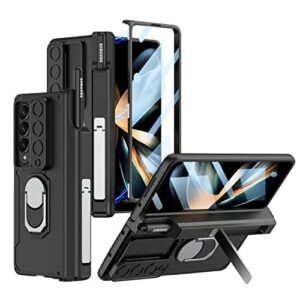 Case for Samsung Galaxy Z Fold 4 with Slide Camera Cover & S Pen Holder, [Hinge Protection] [360°Stand Ring Holder [Built in Screen Protector] [Folding Kickstand] Heavy Duty Protective Case (Black)