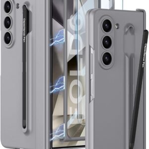 Case for Samsung Galaxy Z Fold 6 with S Pen Holder & S Pen,Luxury Case with Magnetic Hinge Protection and Front Screen Protector,Hard PC Shockproof Protective Cover for Z Fold 6(Grey+Black Pen)