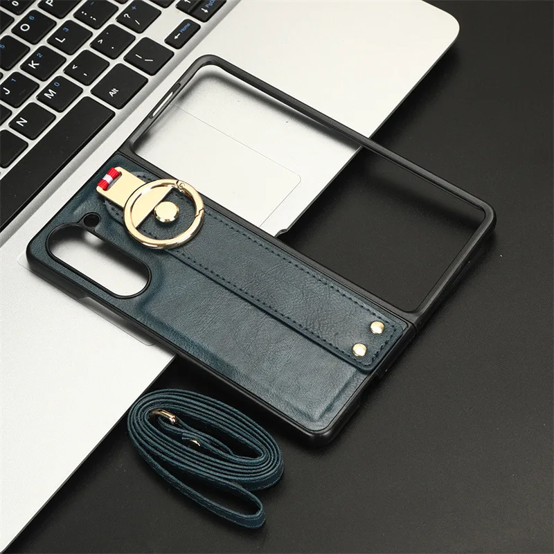 Crossbody Lanyard Phone Case for Samsung Galaxy Z Fold 5 4 3 2 Fold5 Fold4 Fold3 Fold2 Ring Wrist Strap Leather Protective Cover