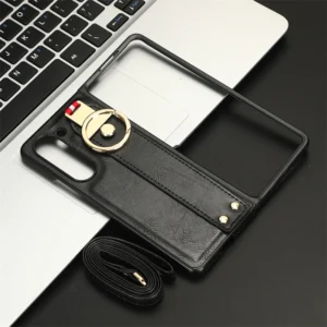 Crossbody Lanyard Phone Case for Samsung Galaxy Z Fold 5 4 3 2 Fold5 Fold4 Fold3 Fold2 Ring Wrist Strap Leather Protective Cover