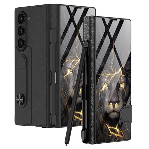 DOOTOO for Samsung Galaxy Z Fold 6 with S-Pen Holder Case Flip Colorful Plating Glass Hybrid Leather All-Inclusive Cover for Samsung Galaxy Z Fold 6 (Lion)