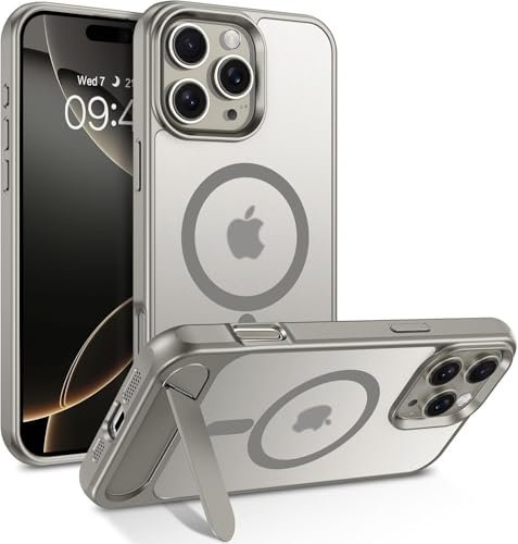 Elzzi Magnetic Cover Compatible for iPhone 16 Pro Max Case with Adjustable Metal Kickstand, Compatible with Mag-Safe Translucent Matte Shockproof Protective Phone Case, Natural Titanium