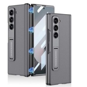 Flex Armor Ultra Hybrid Luxury Leather Case for Samsung Galaxy Z Fold 6 Case – with Kickstand. Includes Free Tempered Glass Screen Protector Comfortable Grip, Scratch Resistant (Grey)