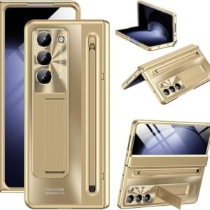 Flex Armor Ultra Hybrid Premium Luxury Design PC Case for Samsung Galaxy Z Fold 6 - with S Pen/Tempered Glass Screen Protector/Kickstand/Comfortable Grip/Scratch Resistant for Fold 6 case (Gold)
