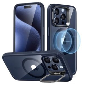 for iPhone 15 Pro Case, Compatible with MagSafe, Military-Grade Protective Case, Built-in Stash Stand Phone Case, Scratch-Resistant TPU Back Cover, Classic Series, Clear Blue