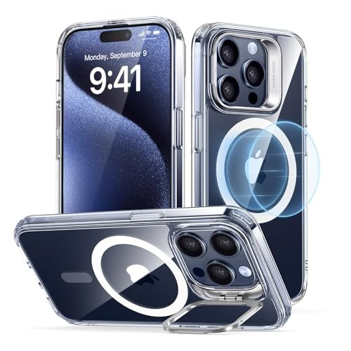 for iPhone 15 Pro Case, Compatible with MagSafe, Military-Grade Protective Case, Built-in Stash Stand Phone Case, Scratch-Resistant TPU Back Cover, Classic Series, Clear