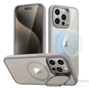 for iPhone 15 Pro Max Case, Compatible with MagSafe, Military-Grade Protective Case, Built-in Stash Stand Phone Case, Scratch-Resistant TPU Back Cover, Classic Series, Clear Gray