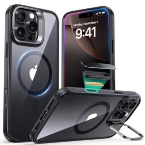 for iPhone 16 Pro Case, Compatible with MagSafe, Military-Grade Protective Case, TPU, Built-in Stash Stand Phone Case, Scratch-Resistant Back Cover, Classic Series, Clear Black