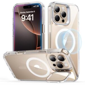 for iPhone 16 Pro Case, Compatible with MagSafe, Military-Grade Protective Case, TPU, Built-in Stash Stand Phone Case, Scratch-Resistant Back Cover, Classic Series, Clear