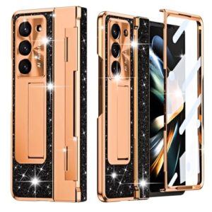 for Samsung Galaxy Z Fold 4 Case for Women, Luxury Glitter Bling Plating PC Leather Z Fold 4 4g Phone Case Built-in Screen Protector Kickstand Hinge Protector Case for Samsung Z Fold 4 Black