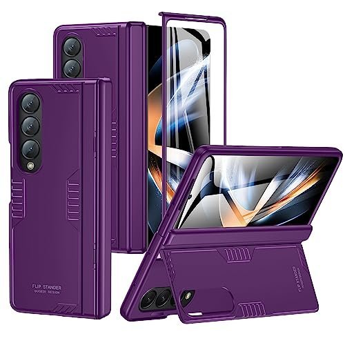 For Samsung Galaxy Z-Fold-4 Case: Hinge Protection & Hidden Kickstand with Built-in Screen Protector 360 Full Protective Anti-Slip Shockproof Phone Case for Z Fold 4 5G (Purple)
