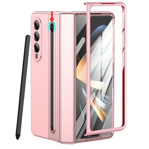 for Samsung Galaxy Z Fold 4 Case with S Pen Holder & Slim Stylus, Premium Leather Fold4 Pen Slot Case with Hinge Protection Screen Protector All-Inclusive Protective Cover for Z Fold 4 Pink