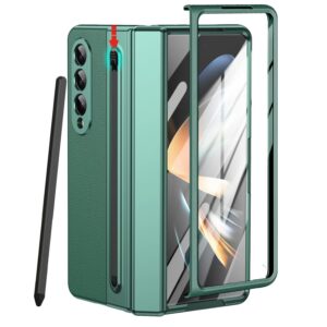 for Samsung Galaxy Z Fold 4 Case with S Pen Holder & Slim Stylus, Premium Leather Z Fold 4 Pen Holder Case with Hinge Protection Full Coverage Screen Protector Slim Case for Z Fold 4 Green