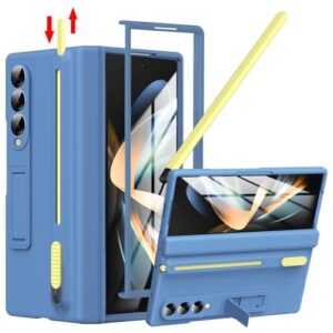 for Samsung Galaxy Z Fold 4 Case with S Pen Holder & Slim Stylus, Z Fold 4 Pen Holder Case with Kickstand Z Fold 4 Hinge Cover Full Coverage Screen Protector Stand Case for Z Fold 4 Light Blue
