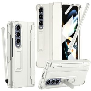for Samsung Galaxy Z Fold 4 Case with S Pen Holder & Stylus,【Reinforced Corners】 One-Piece Phone Case with Kickstand Hinge Protection Screen Protector Shockproof Cover for Z Fold 4 White