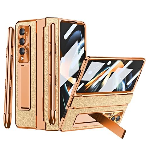 for Samsung Galaxy Z Fold 4 Case with S Pen & Pastable Pen Holder, One-Piece Design Z Fold 4 Case with Hinge Protection Built-in Screen Protector Luxury Leather Slim Case for Z Fold 4 Gold