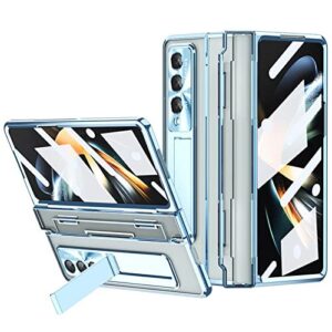 for Samsung Galaxy Z Fold 4 Clear Case with Flat Hinge Protection, All-Inclusive Cover Built in Screen Protector Metal Camera Lens Protector Kickstand Slim PC Phone Case for Z Fold 4 -Blue