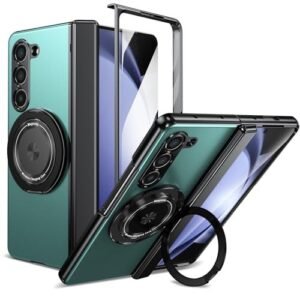 for Samsung Galaxy Z Fold 4 Magnetic Case, 360° Rotating Magnetic Ring Holder Z Fold 4 Case Kickstand Hinge Protection Supports Wireless Charging Protective Cover Case for Z Fold 4 Green