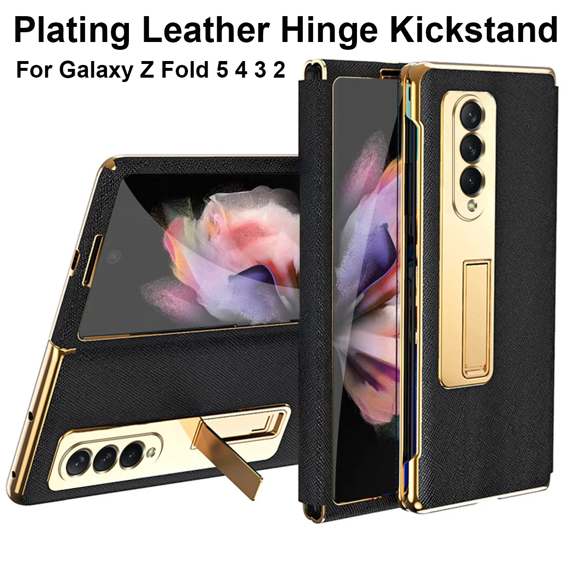 Hinge Leather Plating  With S Pen Holder 360 Full Screen Protector Kickstand Cover For Samsung Galaxy Z Fold 6 Fold 5 Fold 4 Fold 3 Fold6 Fold5 Fold4 Fold3