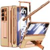 for Samsung Galaxy Z Fold 5 Case with S Pen & Pastable Pen Holder, One-Piece Design Z Fold 5 Case with Hinge Protection Built-in Screen Protector Luxury Leather Slim Case for Z Fold 5 Gold