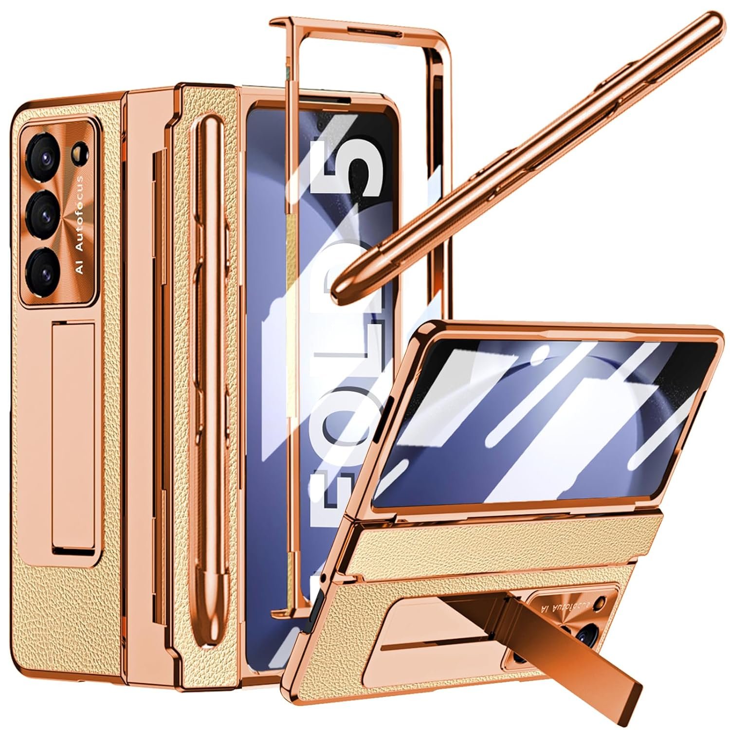for Samsung Galaxy Z Fold 5 Case with S Pen & Pastable Pen Holder, One-Piece Design Z Fold 5 Case with Hinge Protection Built-in Screen Protector Luxury Leather Slim Case for Z Fold 5 Gold