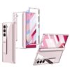 Gaffar India Magnetic Hinge Protection Case Compatible with Samsung Galaxy Z Fold 6 Release 2024 with Front Glass Cover Kickstand Electroplated Camera Protection, Transparent & Pink