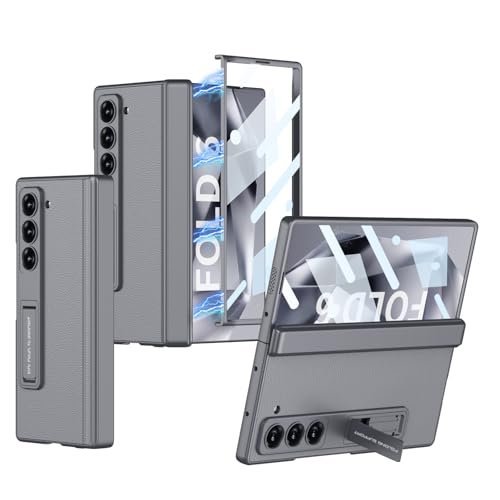 Gaffar India Magnetic Leather Case Compatible with Samsung Galaxy Z Fold 6 Release 2024 with Hinge Protection Front Glass Case Kickstand Camera Protection, Grey