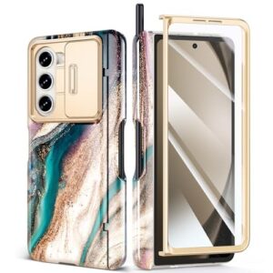 GVIEWIN for Samsung Galaxy Z Fold 5 Case with S Pen Holder, [Slide Camera Cover & Screen Protector], Rugged Hinge Protection Shockproof Protective Marble Phone Case for Z Fold 5 (Drift Sand/Brown)