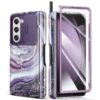 GVIEWIN for Samsung Galaxy Z Fold 5 Case with S Pen Holder, [Slide Camera Cover & Screen Protector], Rugged Hinge Protection Shockproof Protective Marble Phone Case for Z Fold 5 (Milky Way/Purple)