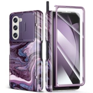 GVIEWIN for Samsung Galaxy Z Fold 5 Case with S Pen Holder, [Slide Camera Cover & Screen Protector], Rugged Hinge Protection Shockproof Protective Marble Phone Case for Z Fold 5 (Quicksand/Purple)