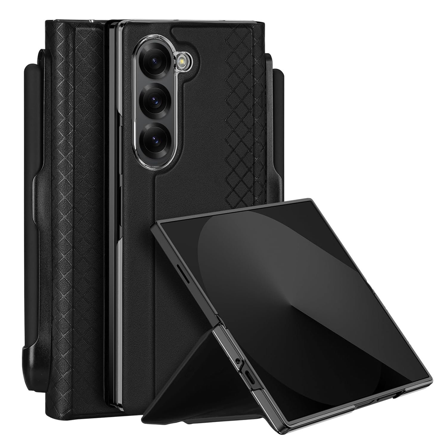 Inicio Pu Leather Flip Case Designed For Galaxy Z Fold 6 7.6", Built In S Pen Holder & Kickstand, Slim Hybrid Back Cover For Samsung Galaxy Z Fold6, PC + Pu, Black