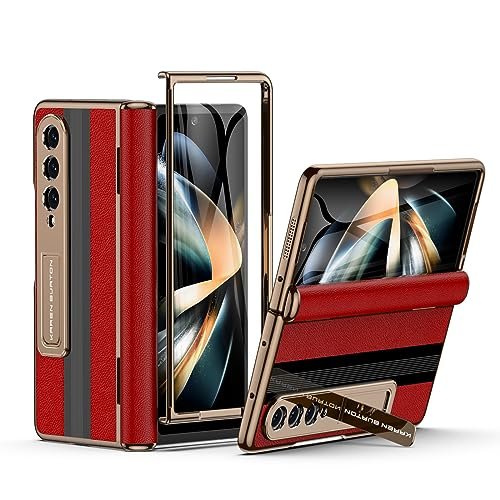 KarenDon for Samsung Galaxy Z Fold 4 Phone Case [Luxury Premier Genuine Leather][Full Body Hinge Protection][Built-in Screen Protector][Kickstand Drop Proof Protective Cover] for Z Fold4 (Red)