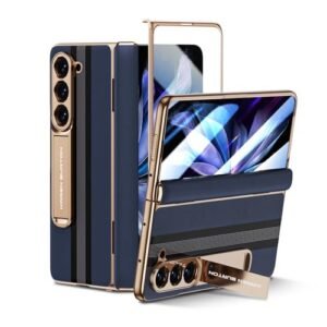 KarenDon for Samsung Galaxy Z Fold 5 Phone Case,Luxury Genuine Leather,Full Body Hinge Protection,Built-in Screen Protector,Kickstand Drop Proof Protective Cover for Samsung Z Fold 5 (Blue)