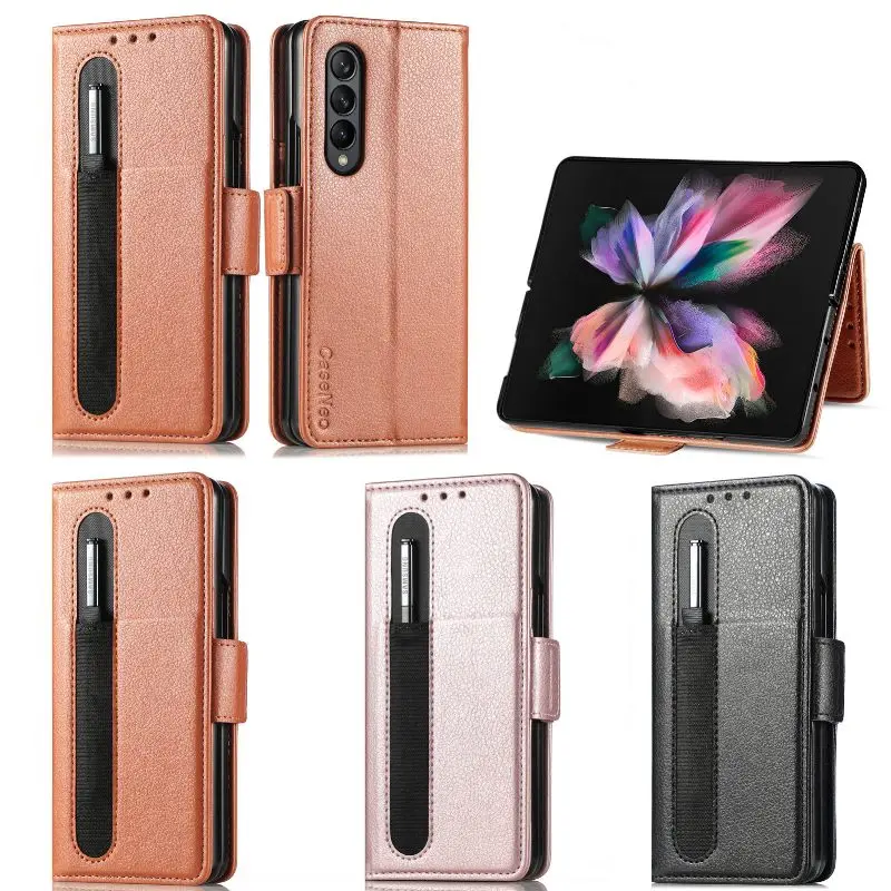 Leather Folding Wallet Phone Case For Samsung Z Fold 5 4 3 Phone Cover Magnetic Flip Phone Cover With Pen Holder(Exclude Pen)