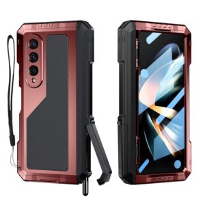 Libeagle Compatible with Samsung Galaxy Z Fold 4 Case with Metal Bumper Premium Rugged Heavy Duty Shockproof Protective [S Pen Holder] [Hinge Protection] [Screen Protector] Stand Cover 5G 2022-Red