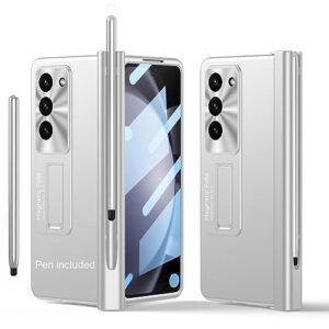 Libeagle Compatible with Samsung Galaxy Z Fold 5 Case, Include Capacitance Pen & S Pen Holder, Detachable Hinge Protection, Built in Screen Protector, Magnetic Stand, Thin & Slim Cover 5G 2023-Silver