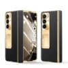 Libeagle for Samsung Galaxy Z Fold 5 Case, Electroplated Frame, Leather on Back & Hinge Protection, Screen Protector, Metal Stand, Camera Protection, Thin & Slim Stand Cover 5G 2023, Black