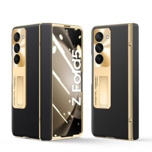 Libeagle for Samsung Galaxy Z Fold 5 Case, Electroplated Frame, Leather on Back & Hinge Protection, Screen Protector, Metal Stand, Camera Protection, Thin & Slim Stand Cover 5G 2023, Black