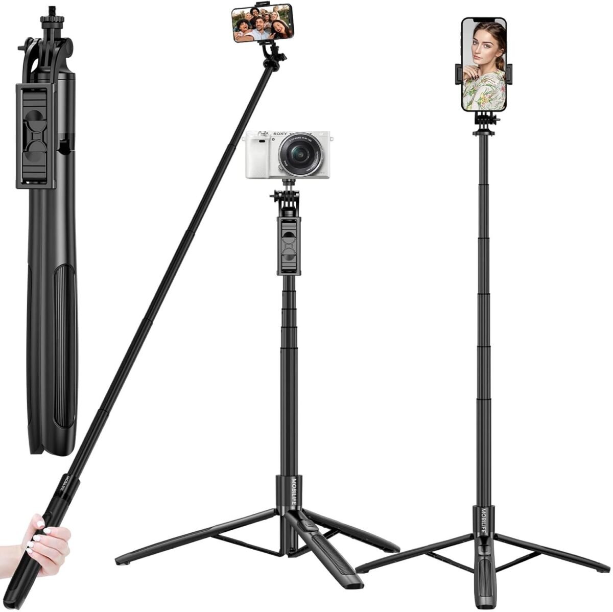 Long Selfie Stick With Tripod Stand Aluminum 61 Inch Multifunctional Bluetooth Tripod For Mobile Phone Vlogging Live Stream 1/4" Screw For Mirrorless/Action Camera Ring Light Gopro, Black - Image 7