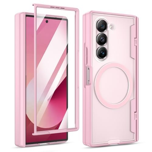 Maxdara for Z Fold 6 Case, Galaxy Z Fold 6 Full Body Hinge Protection Case [Screen Protector] [Compatible with Magsafe] Wireless Charging Magnetic Translucent Case for Samsung Galaxy Z Fold 6 (Pink)