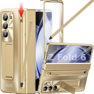 Ultra Hybrid Luxury Design PC Case for Samsung Galaxy Z Fold 6 - with S Pen/Tempered Glass Screen Protector/Kickstand/Comfortable Grip/Scratch Resistant for Fold 6 case (Gold)