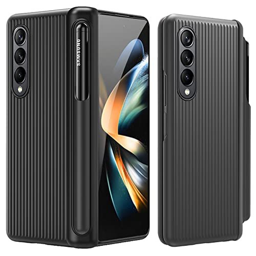 Miimall Silicone Stylus Pen Front Screen Cover Vertical Stripe Design Protector Case for Samsung Galaxy Z Fold 4 5G 2022 with Hinge Protection (Black)