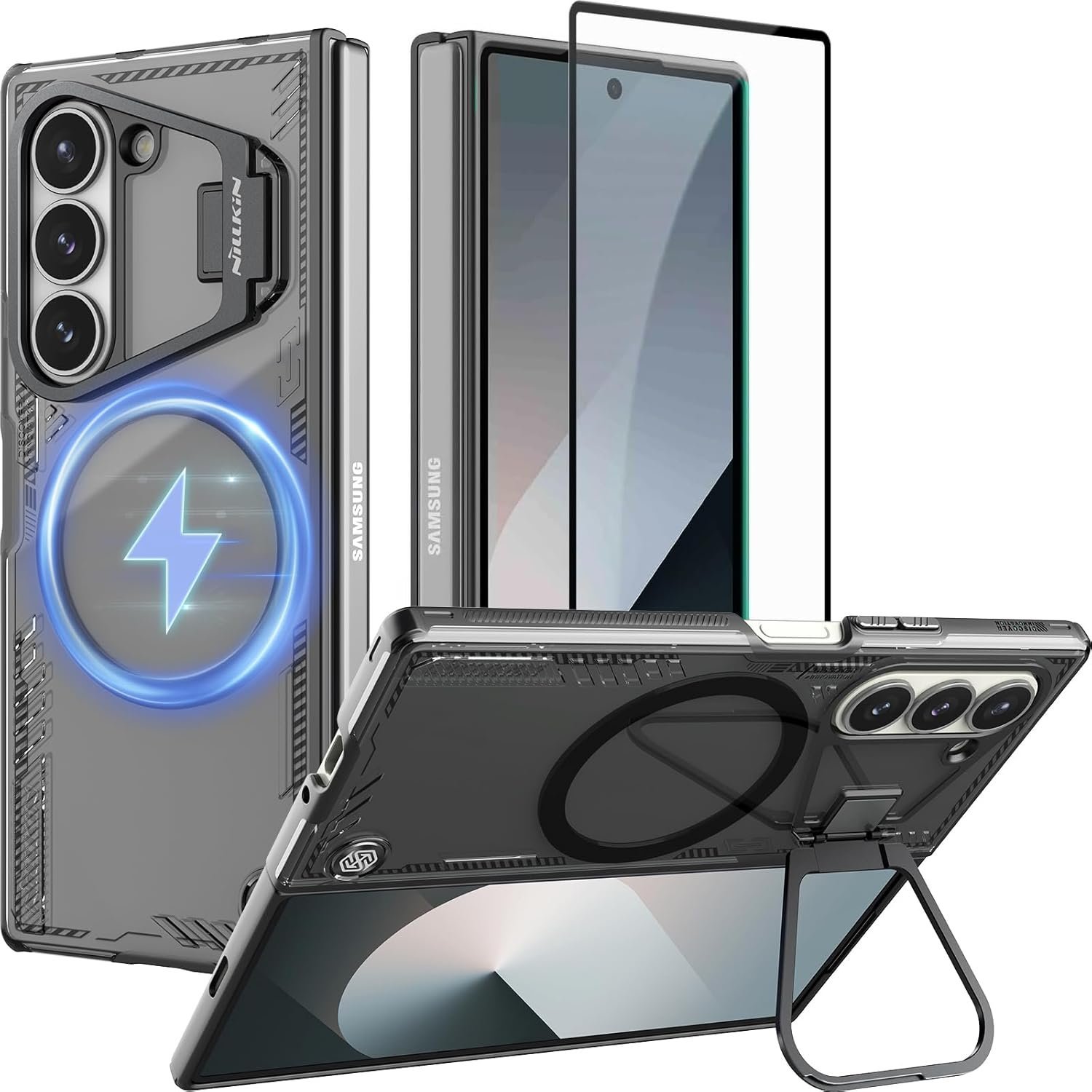 [New Material for Samsung Galaxy Z Fold 6 Case Magsafe, Built-in HD Screen Protector & Camera Kickstand & Hinge Protection, Slim Clear Magnetic Phone Case for Samsung Galaxy Z Fold 6, Black