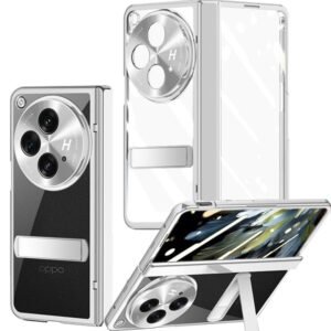 OnePlus Open Clear Case with Hinge Protection, Built-in Screen Protector, Camera Protector, Crystal Clear Kickstand Case - Silver