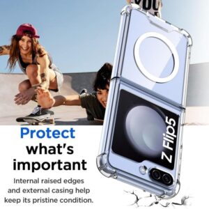 PHONE PALACE Clear Magnetic Case for Samsung Galaxy Z Flip 5 with Hinge Protection [Compatible with MagSafe] 2 in 1 Slim Shockproof Transparent Full Body Protection Z Fold 5 Hard Cover - Clear